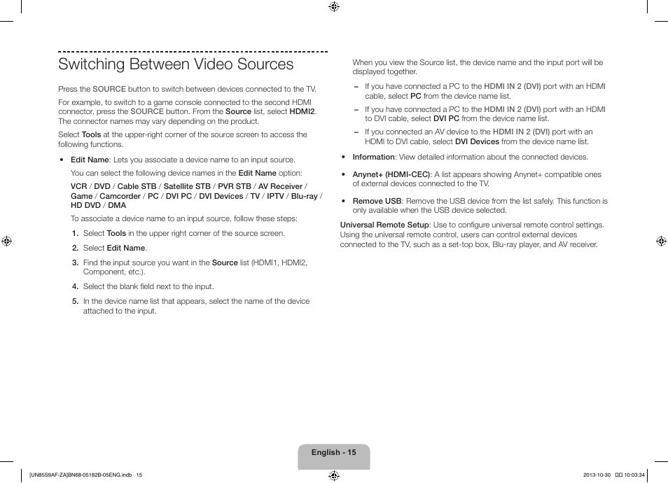 Switching between video sources | Samsung UN85S9AFXZA User Manual | Page 15 / 34