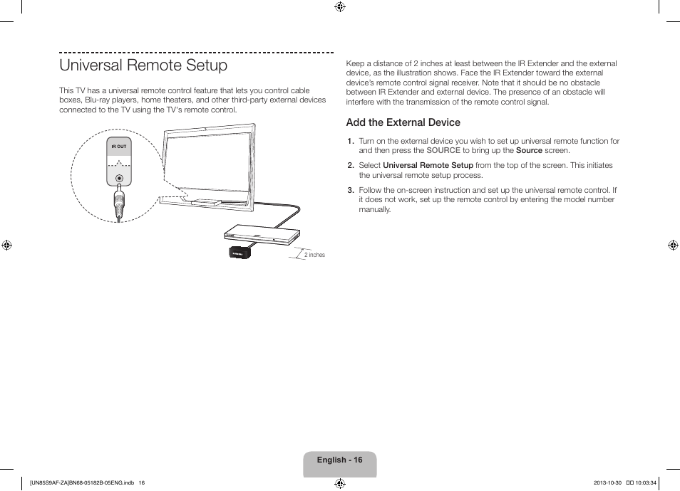 Universal remote setup, Add the external device | Samsung UN85S9AFXZA User Manual | Page 16 / 34