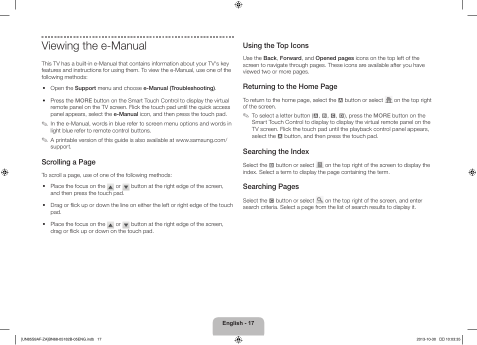 Viewing the e-manual, Scrolling a page, Using the top icons | Returning to the home page, Searching the index, Searching pages | Samsung UN85S9AFXZA User Manual | Page 17 / 34