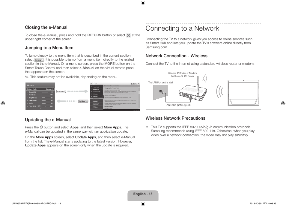 Connecting to a network, Closing the e-manual, Jumping to a menu item | Updating the e-manual, Network connection - wireless, Wireless network precautions | Samsung UN85S9AFXZA User Manual | Page 18 / 34