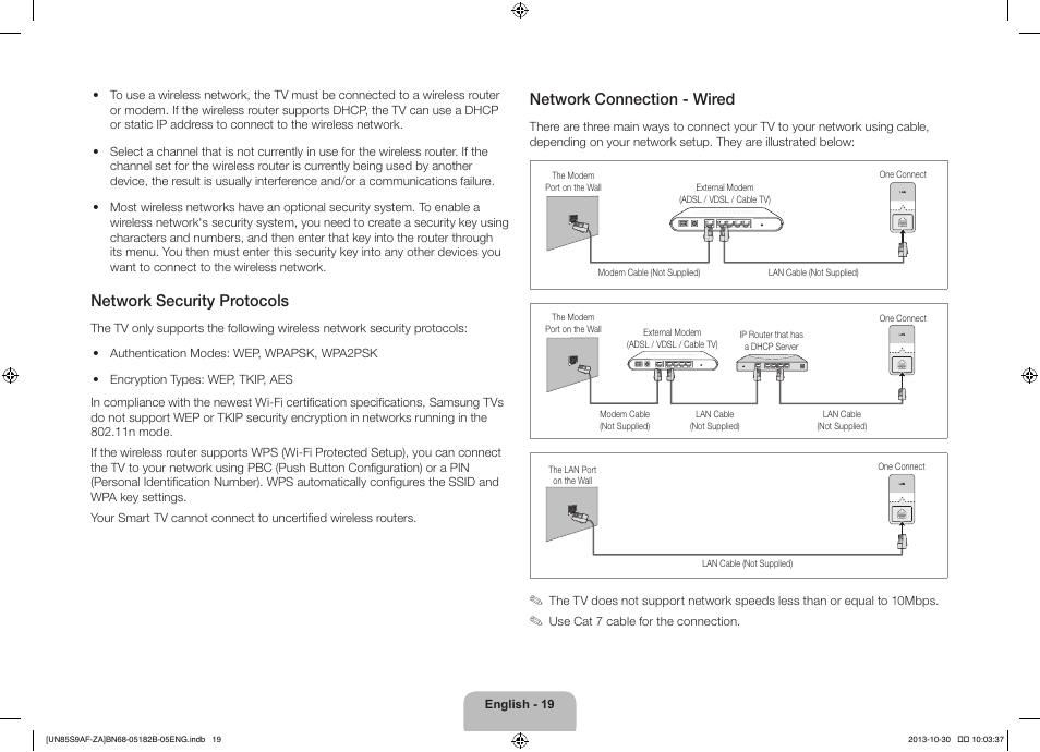 Network security protocols, Network connection - wired | Samsung UN85S9AFXZA User Manual | Page 19 / 34