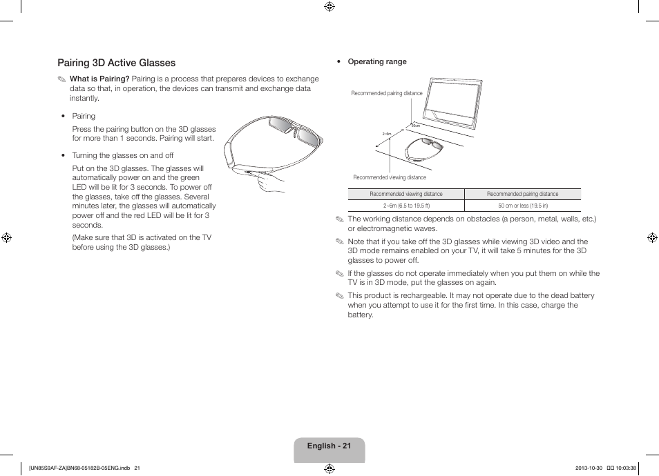 Pairing 3d active glasses | Samsung UN85S9AFXZA User Manual | Page 21 / 34