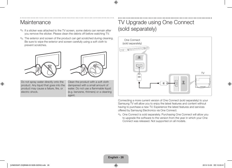 Maintenance, Tv upgrade using one connect (sold separately) | Samsung UN85S9AFXZA User Manual | Page 26 / 34