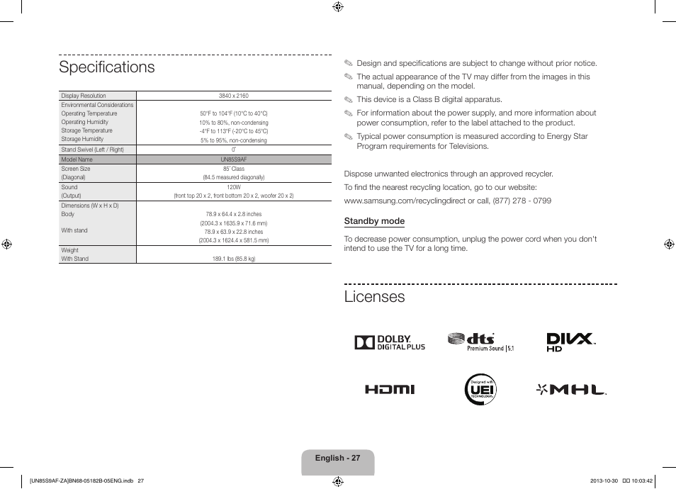 Specifications, Licenses | Samsung UN85S9AFXZA User Manual | Page 27 / 34