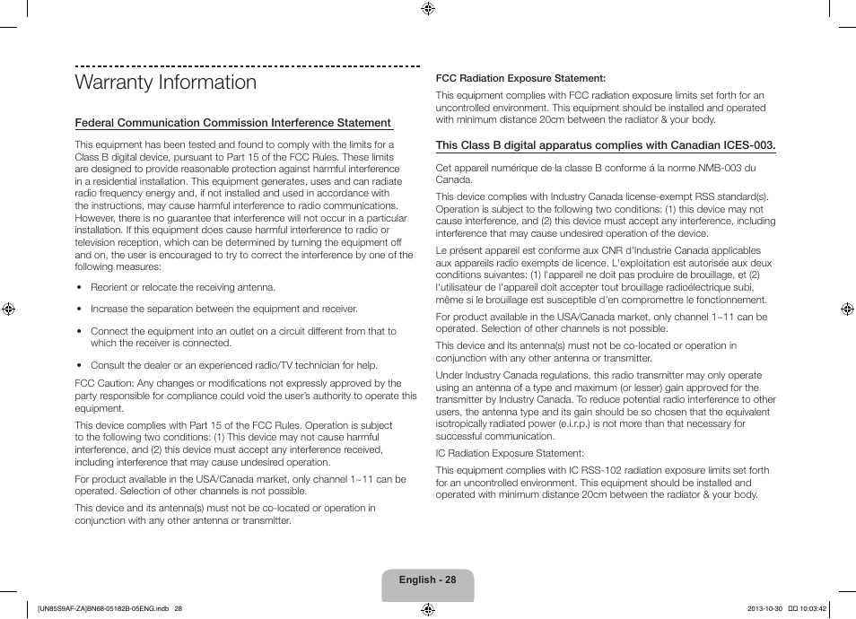 Warranty information | Samsung UN85S9AFXZA User Manual | Page 28 / 34