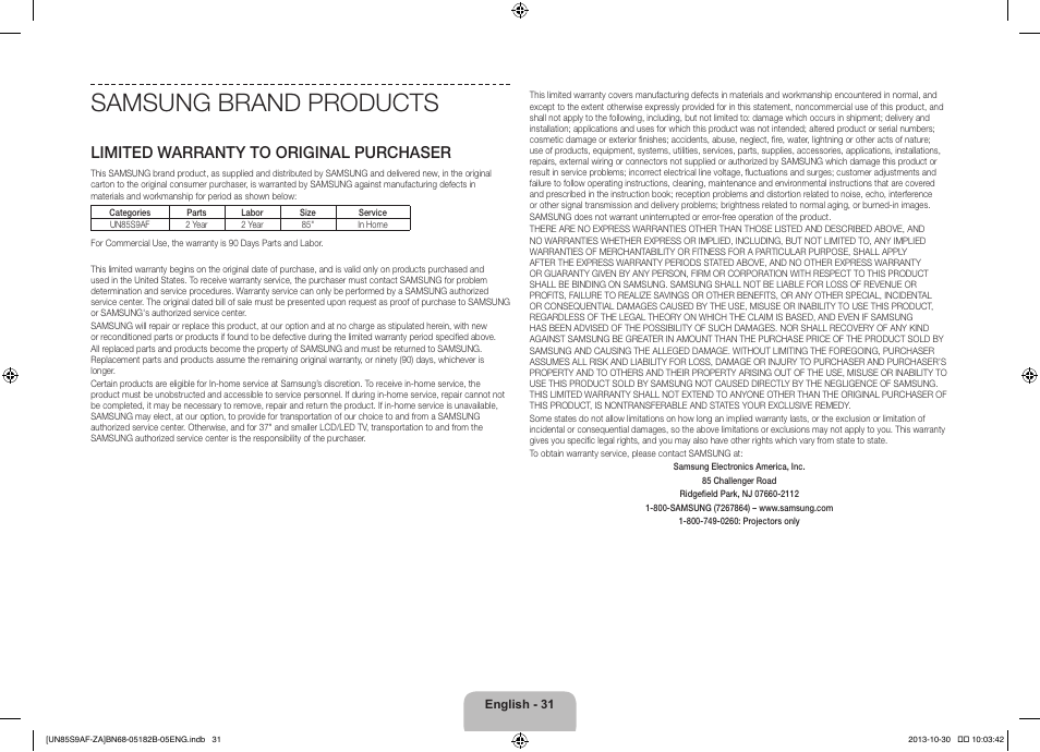 Samsung brand products, Limited warranty to original purchaser | Samsung UN85S9AFXZA User Manual | Page 31 / 34