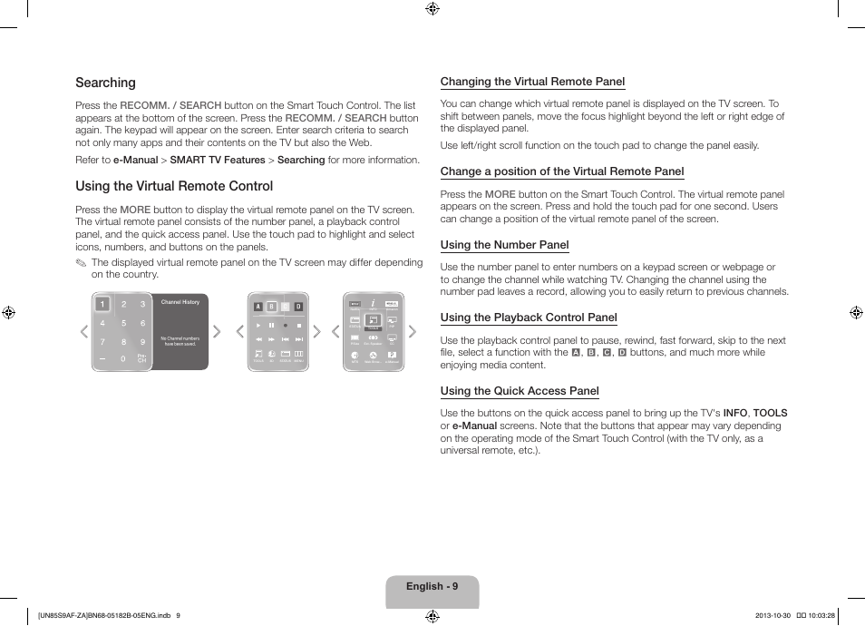 Searching, Using the virtual remote control, Changing the virtual remote panel | Change a position of the virtual remote panel, Using the number panel, Using the playback control panel, Using the quick access panel | Samsung UN85S9AFXZA User Manual | Page 9 / 34