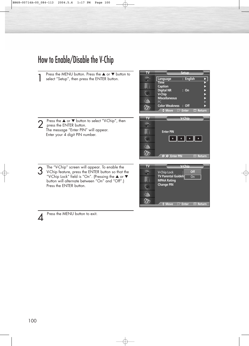 How to enable/disable the v-chip | Samsung HPP5031X-XAC User Manual | Page 100 / 110