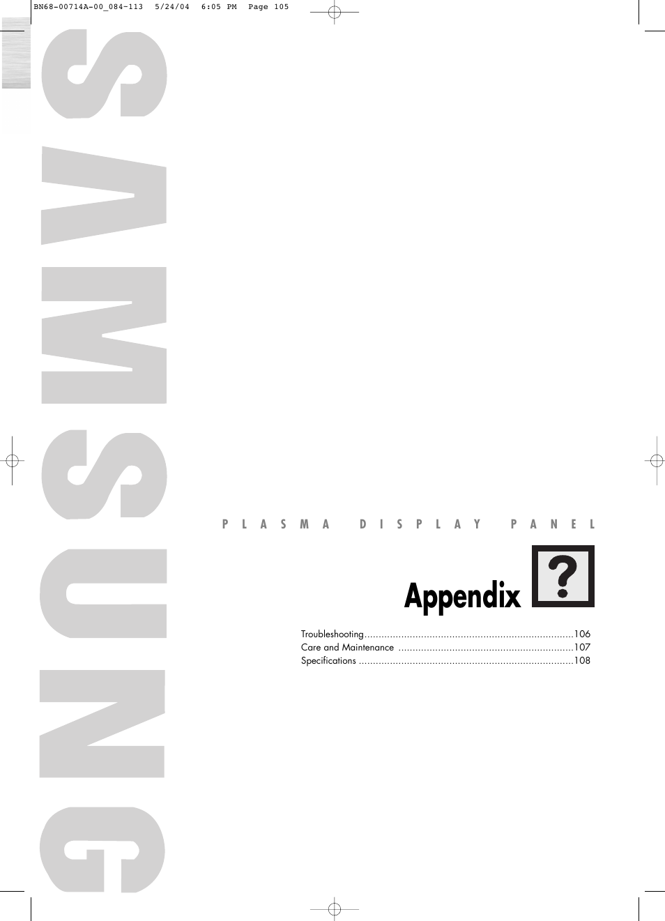 Appendix | Samsung HPP5031X-XAC User Manual | Page 105 / 110