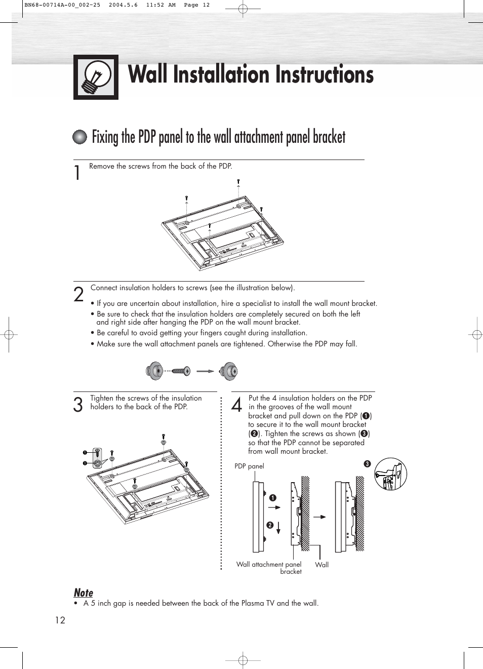 Wall installation instructions | Samsung HPP5031X-XAC User Manual | Page 12 / 110