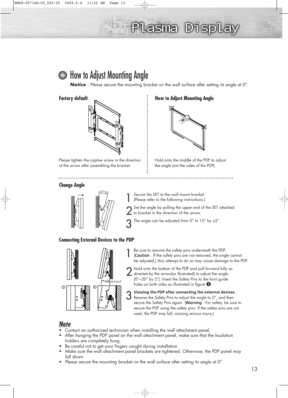 How to adjust mounting angle | Samsung HPP5031X-XAC User Manual | Page 13 / 110
