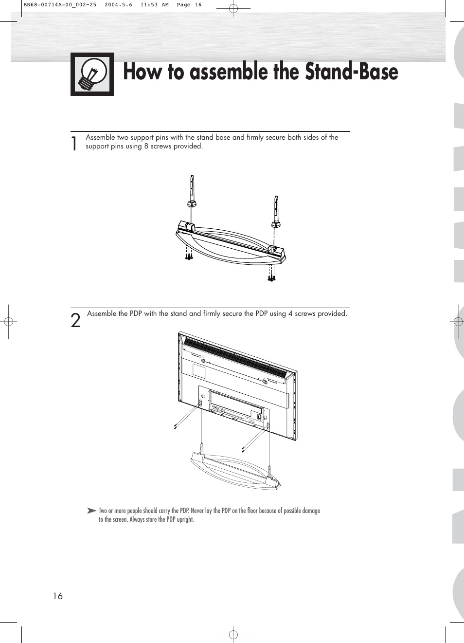 How to assemble the stand-base | Samsung HPP5031X-XAC User Manual | Page 16 / 110