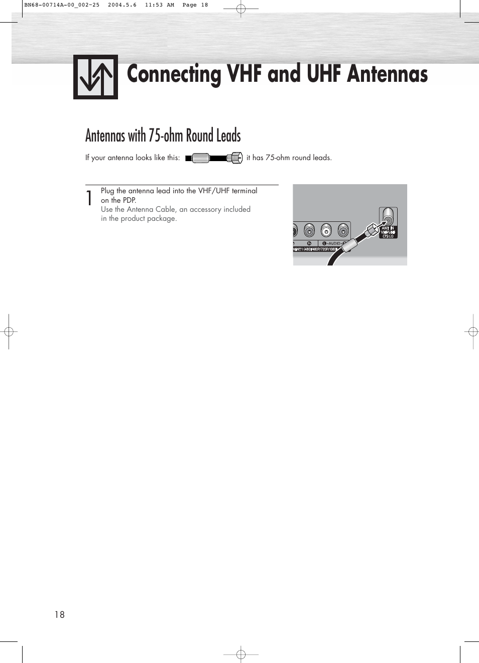 Connecting vhf and uhf antennas, Antennas with 75-ohm round leads | Samsung HPP5031X-XAC User Manual | Page 18 / 110