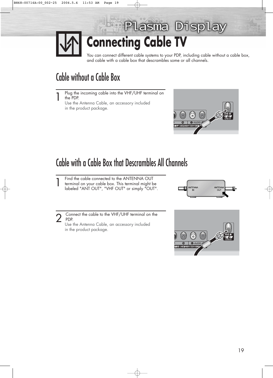 Connecting cable tv, Cable without a cable box | Samsung HPP5031X-XAC User Manual | Page 19 / 110