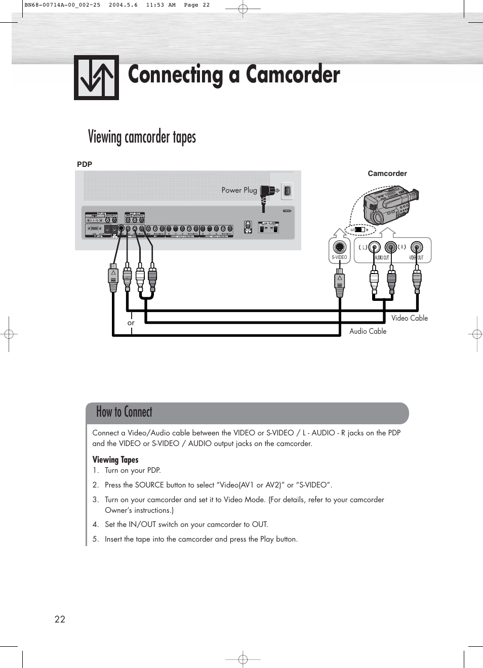 Connecting a camcorder, Viewing camcorder tapes, How to connect | Samsung HPP5031X-XAC User Manual | Page 22 / 110