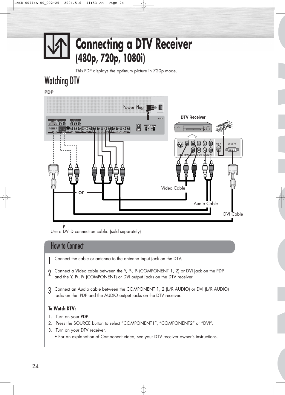 Connecting a dtv receiver, Watching dtv, How to connect 1 2 3 | Samsung HPP5031X-XAC User Manual | Page 24 / 110
