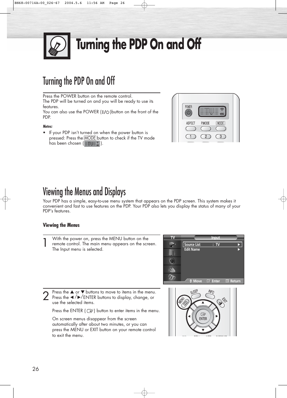 Turning the pdp on and off, Viewing the menus and displays | Samsung HPP5031X-XAC User Manual | Page 26 / 110