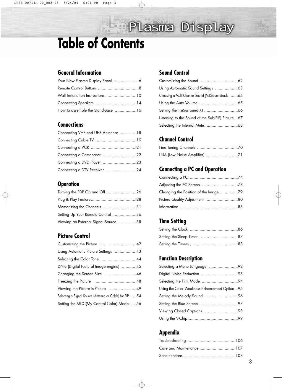 Samsung HPP5031X-XAC User Manual | Page 3 / 110
