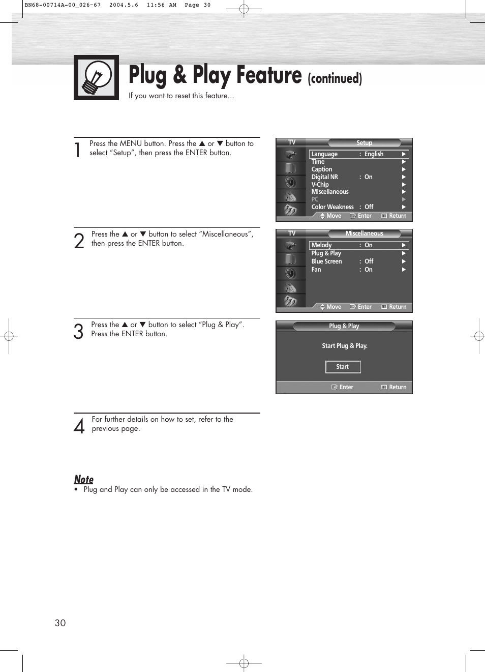 Plug & play feature, Continued) | Samsung HPP5031X-XAC User Manual | Page 30 / 110