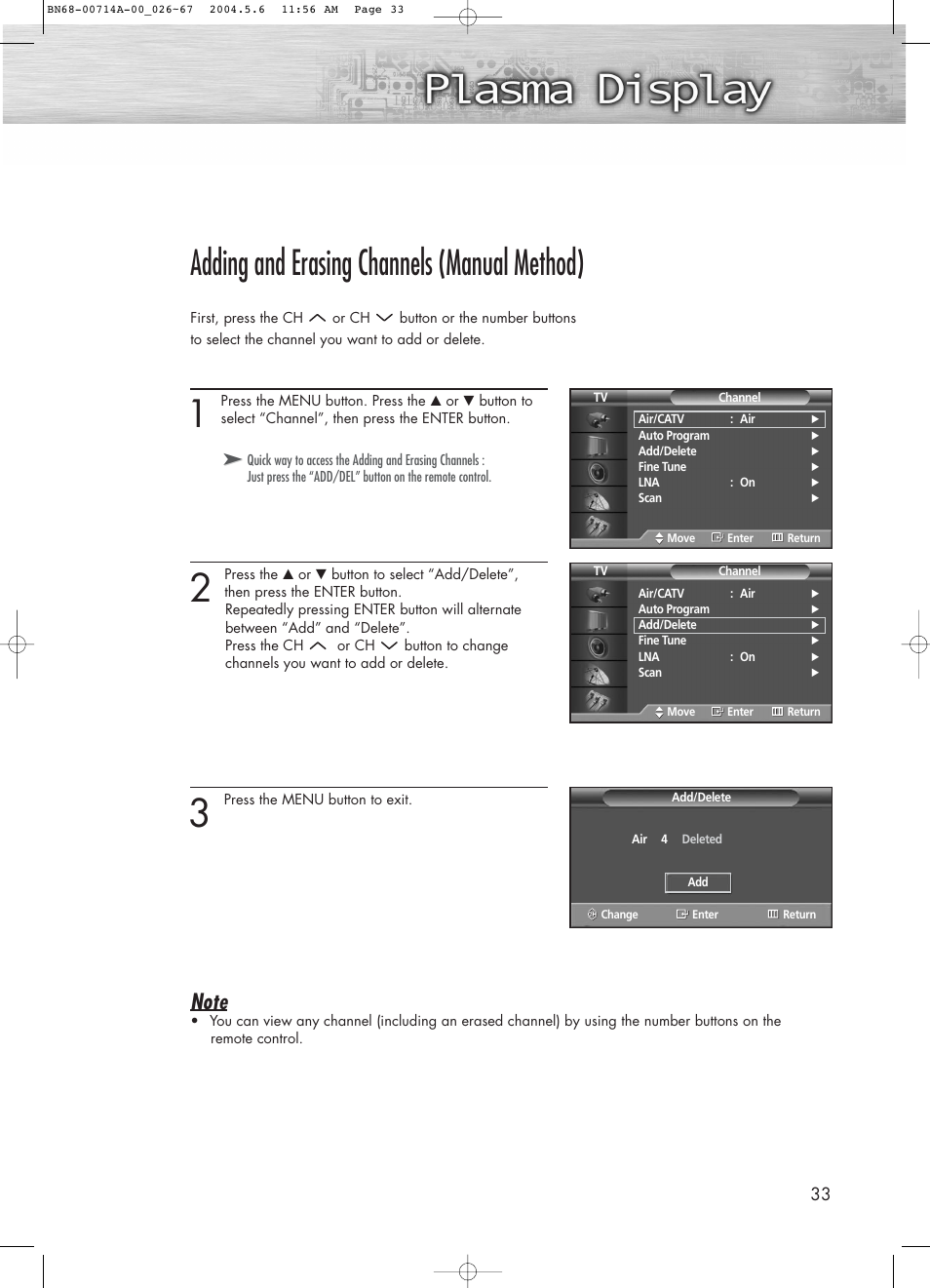 Adding and erasing channels (manual method) | Samsung HPP5031X-XAC User Manual | Page 33 / 110