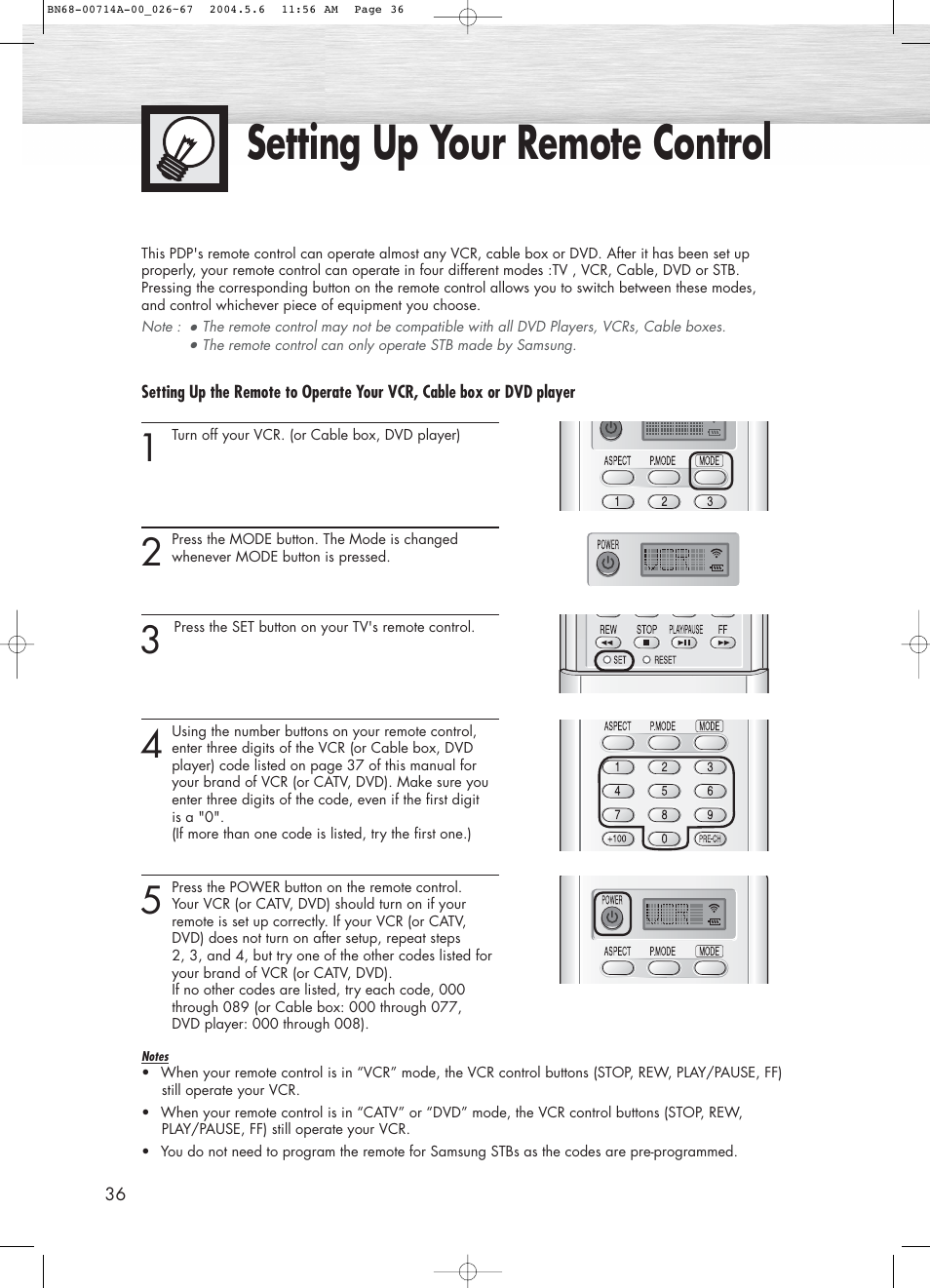 Setting up your remote control | Samsung HPP5031X-XAC User Manual | Page 36 / 110