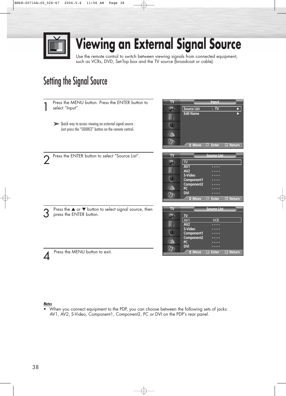 Viewing an external signal source, Setting the signal source | Samsung HPP5031X-XAC User Manual | Page 38 / 110