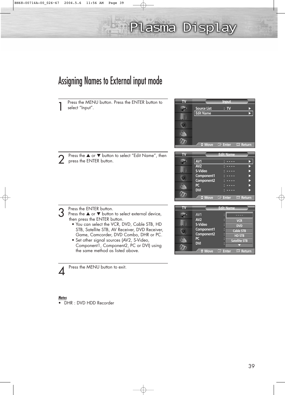 Assigning names to external input mode | Samsung HPP5031X-XAC User Manual | Page 39 / 110