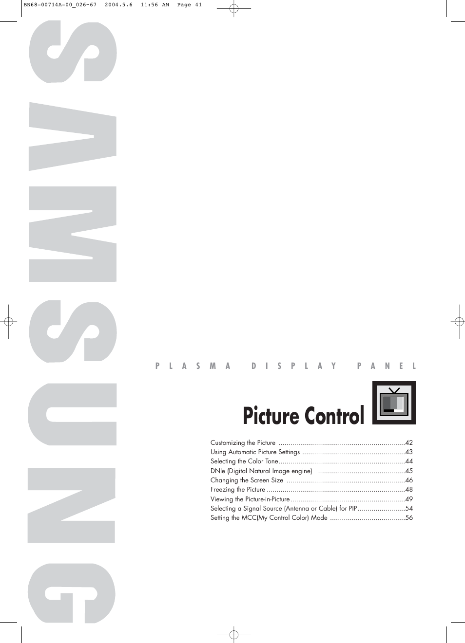 Picture control | Samsung HPP5031X-XAC User Manual | Page 41 / 110