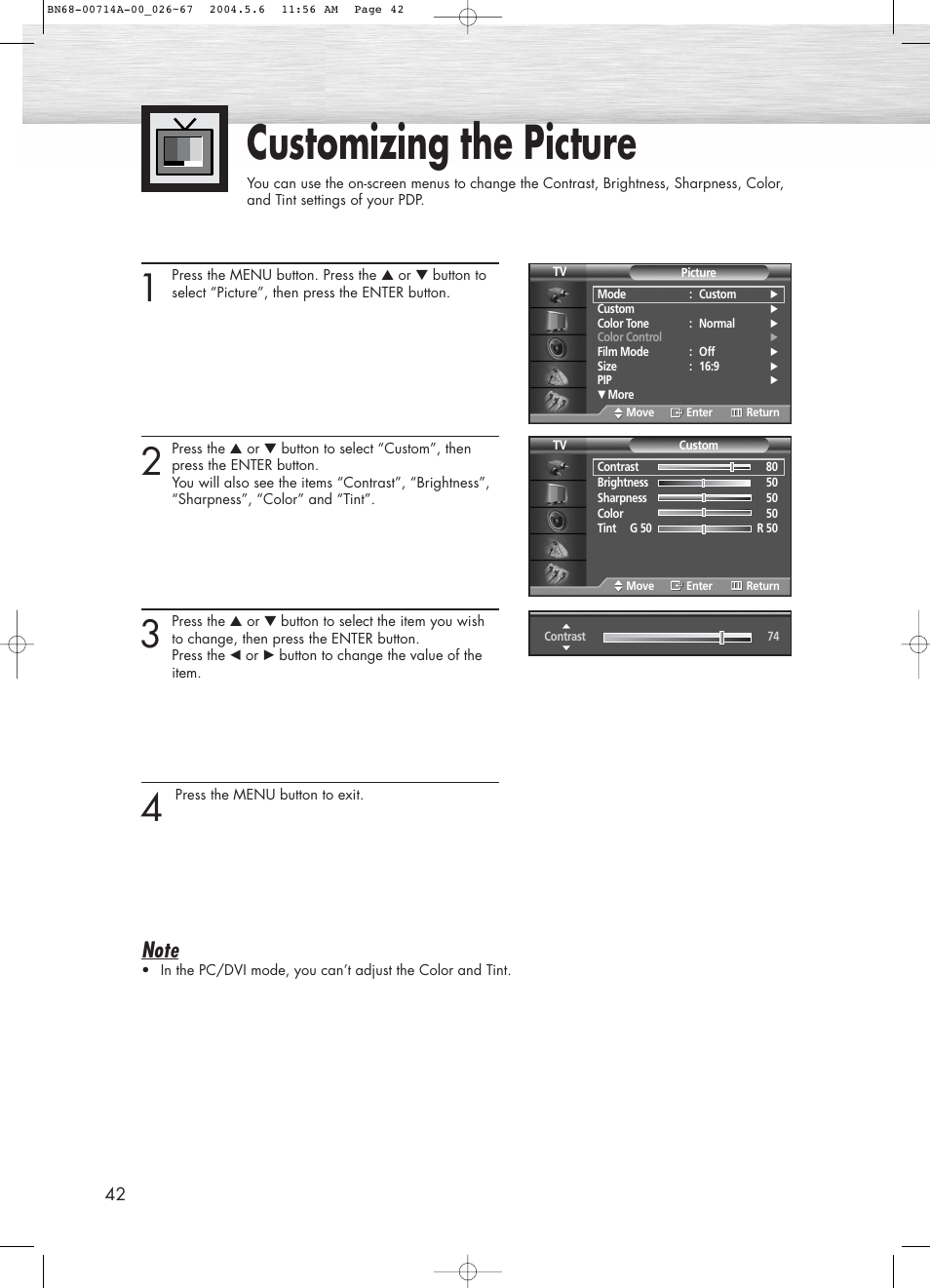 Customizing the picture | Samsung HPP5031X-XAC User Manual | Page 42 / 110
