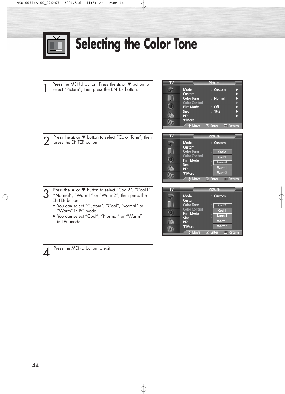 Selecting the color tone | Samsung HPP5031X-XAC User Manual | Page 44 / 110