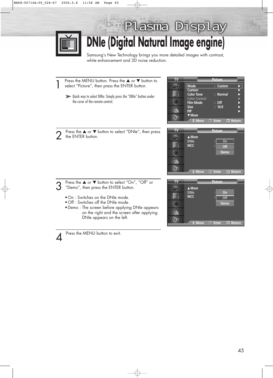 Dnie (digital natural image engine) | Samsung HPP5031X-XAC User Manual | Page 45 / 110