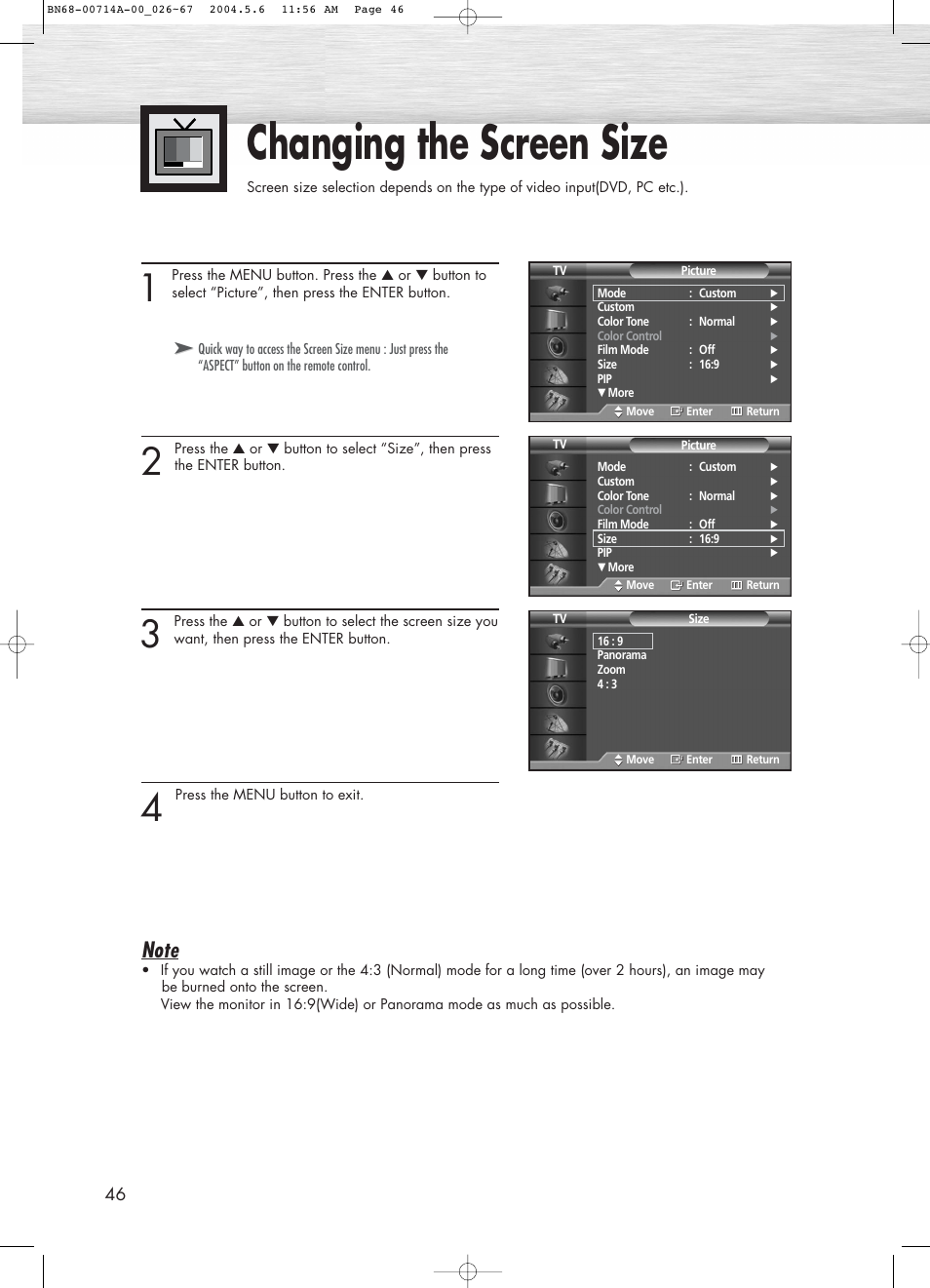 Changing the screen size | Samsung HPP5031X-XAC User Manual | Page 46 / 110