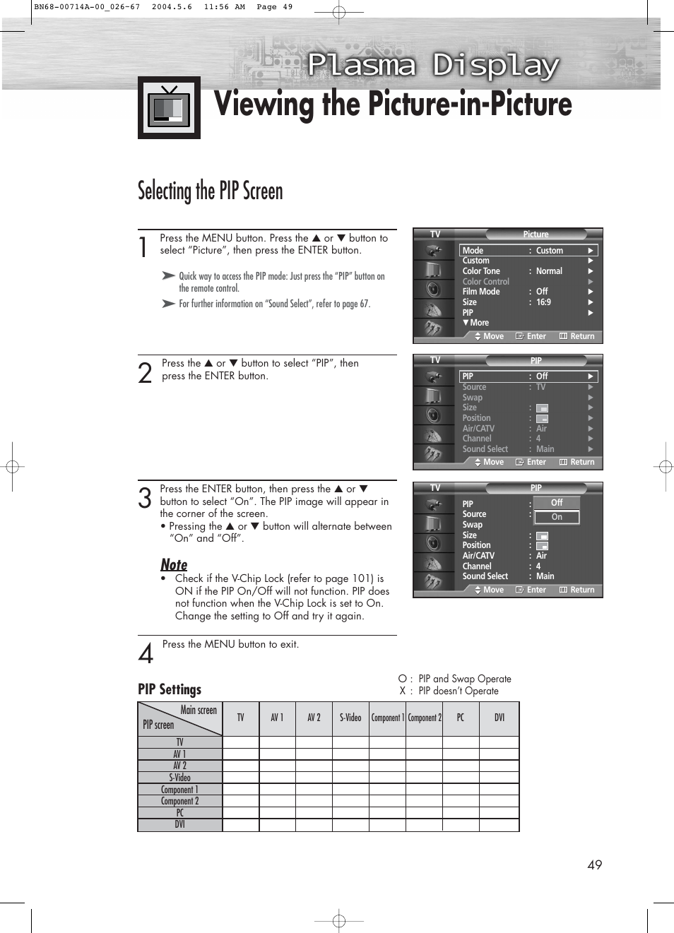 Viewing the picture-in-picture, Selecting the pip screen, Pip settings | Samsung HPP5031X-XAC User Manual | Page 49 / 110