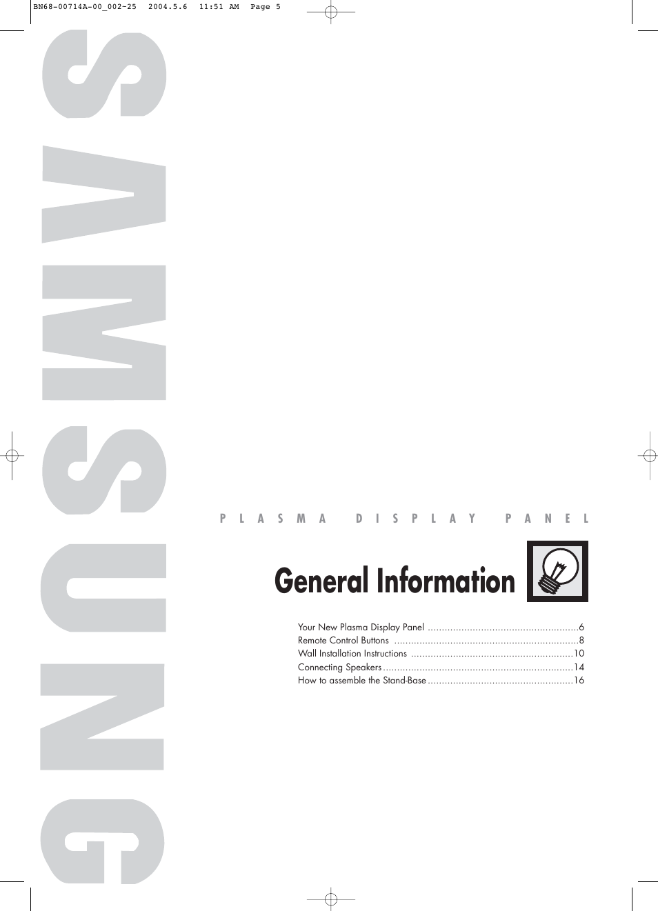General information | Samsung HPP5031X-XAC User Manual | Page 5 / 110