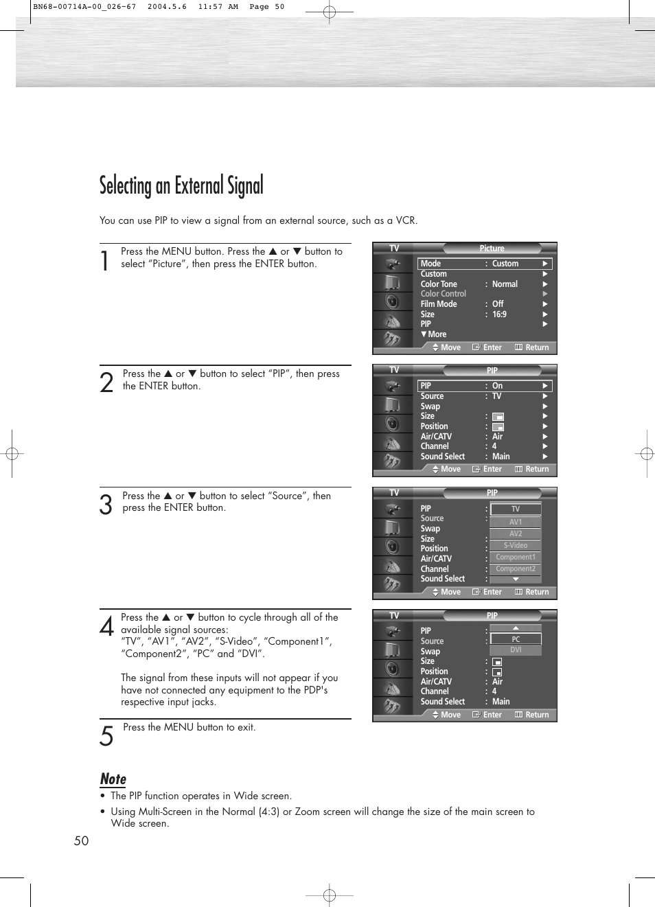 Selecting an external signal | Samsung HPP5031X-XAC User Manual | Page 50 / 110