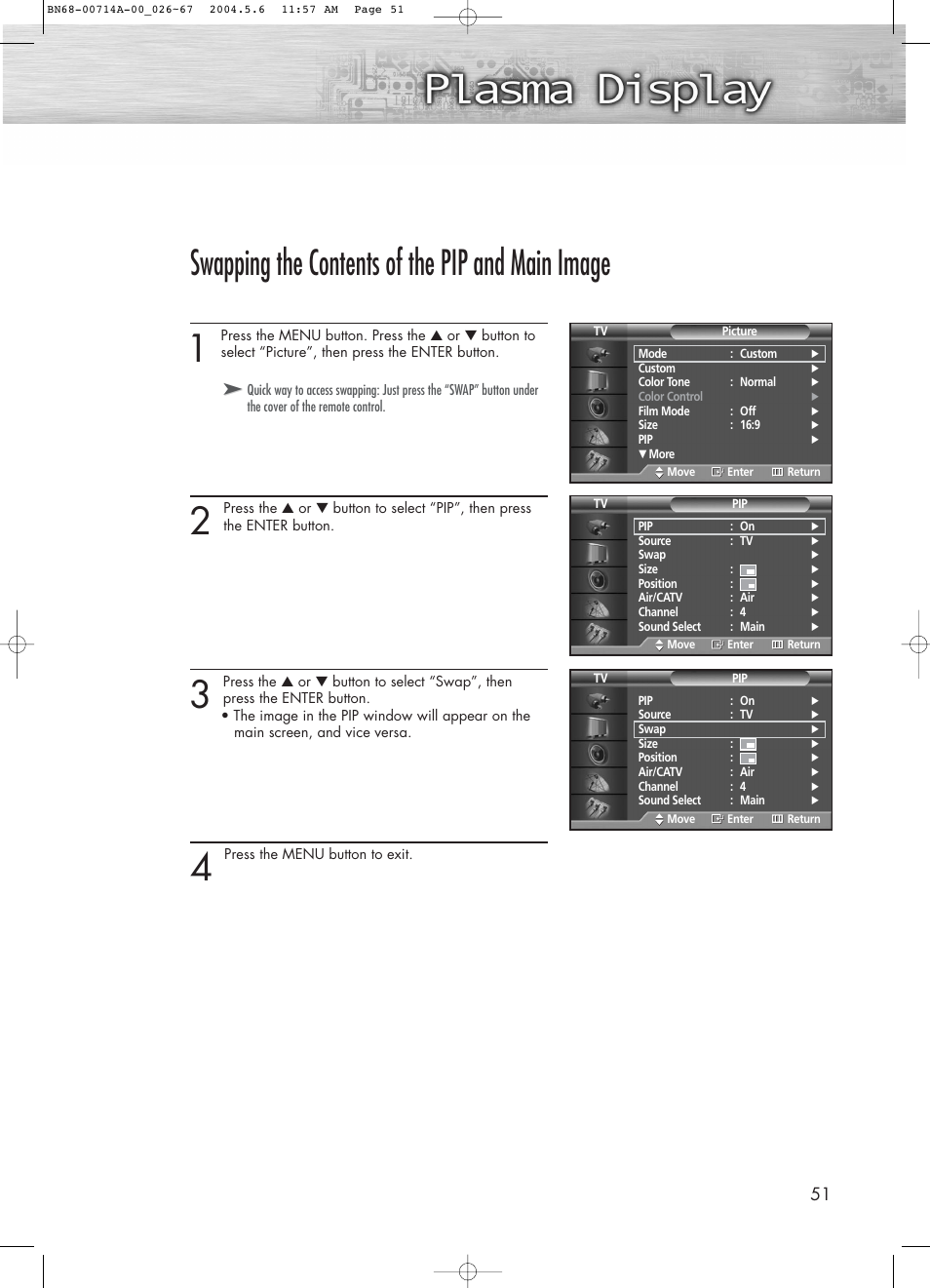 Swapping the contents of the pip and main image | Samsung HPP5031X-XAC User Manual | Page 51 / 110