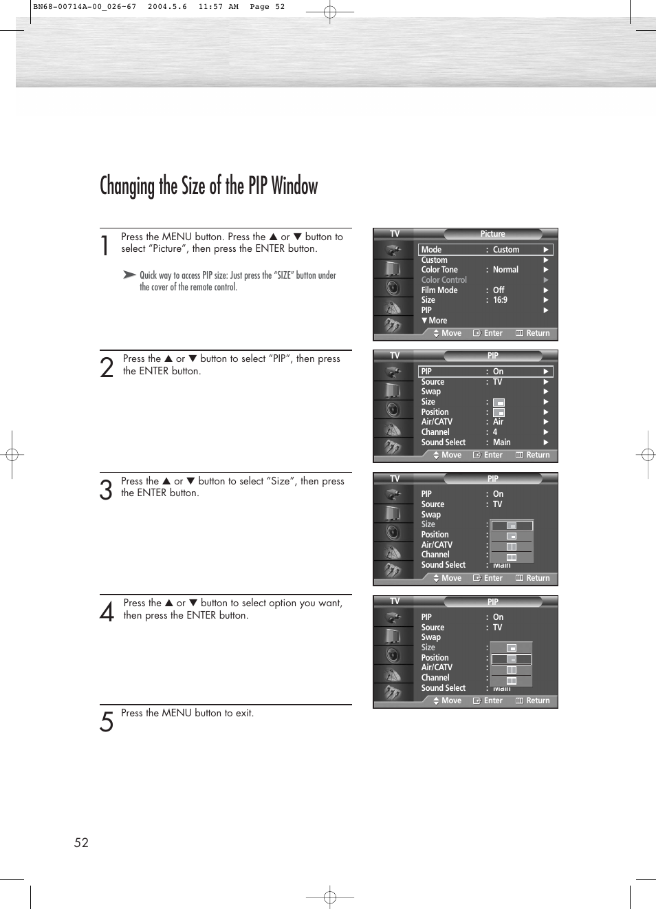 Changing the size of the pip window | Samsung HPP5031X-XAC User Manual | Page 52 / 110