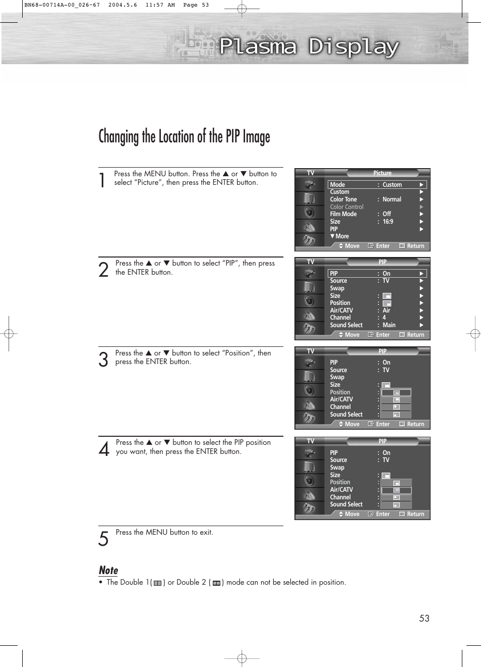 Changing the location of the pip image | Samsung HPP5031X-XAC User Manual | Page 53 / 110