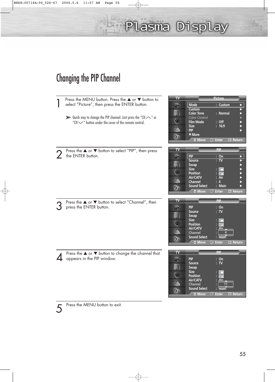 Changing the pip channel | Samsung HPP5031X-XAC User Manual | Page 55 / 110