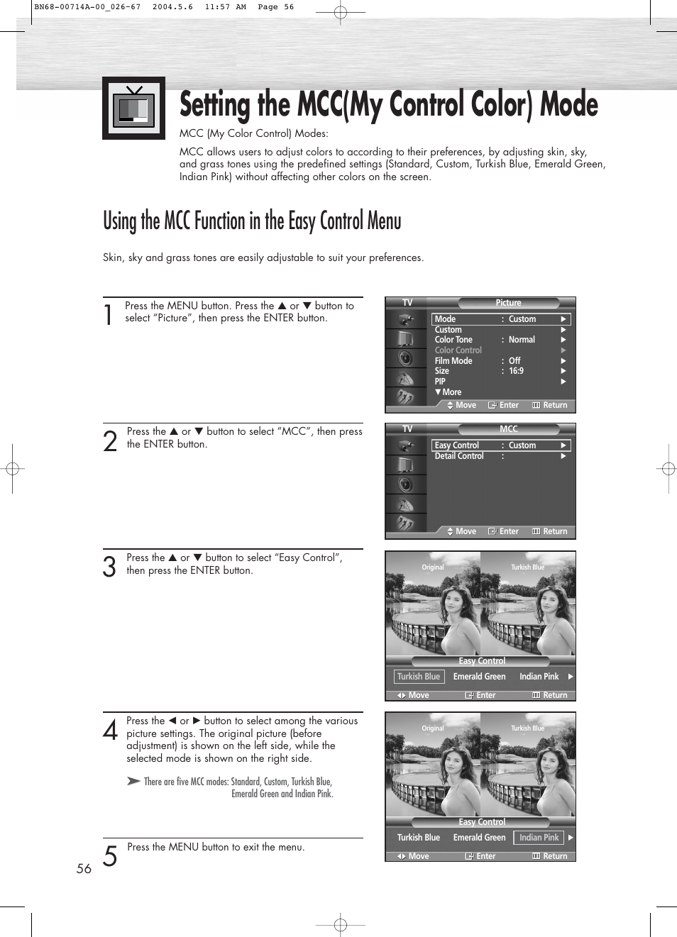 Setting the mcc(my control color) mode, Using the mcc function in the easy control menu | Samsung HPP5031X-XAC User Manual | Page 56 / 110