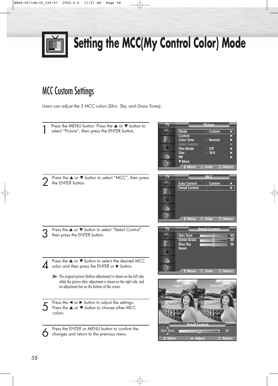Setting the mcc(my control color) mode, Mcc custom settings | Samsung HPP5031X-XAC User Manual | Page 58 / 110