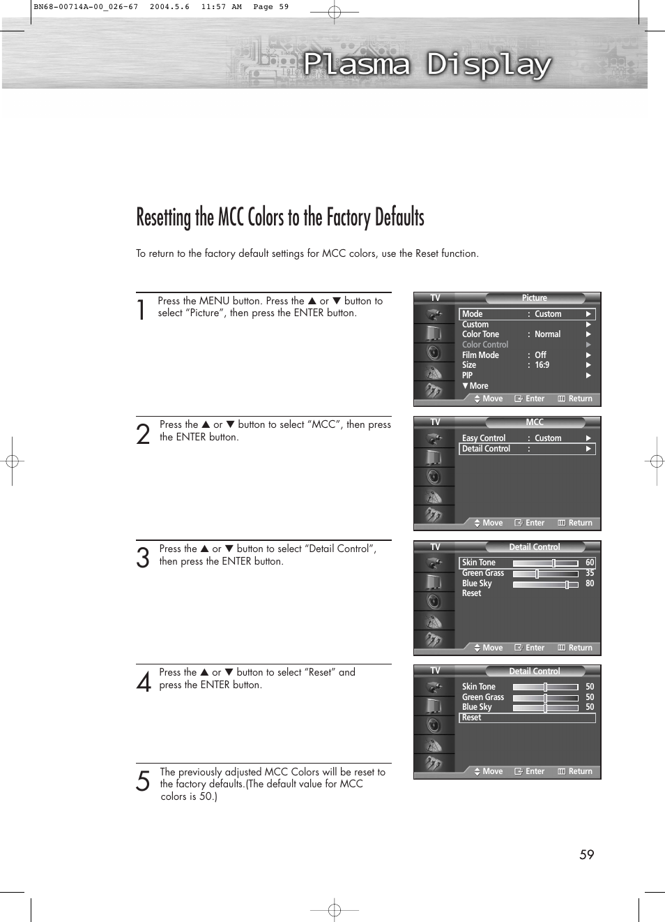 Resetting the mcc colors to the factory defaults | Samsung HPP5031X-XAC User Manual | Page 59 / 110