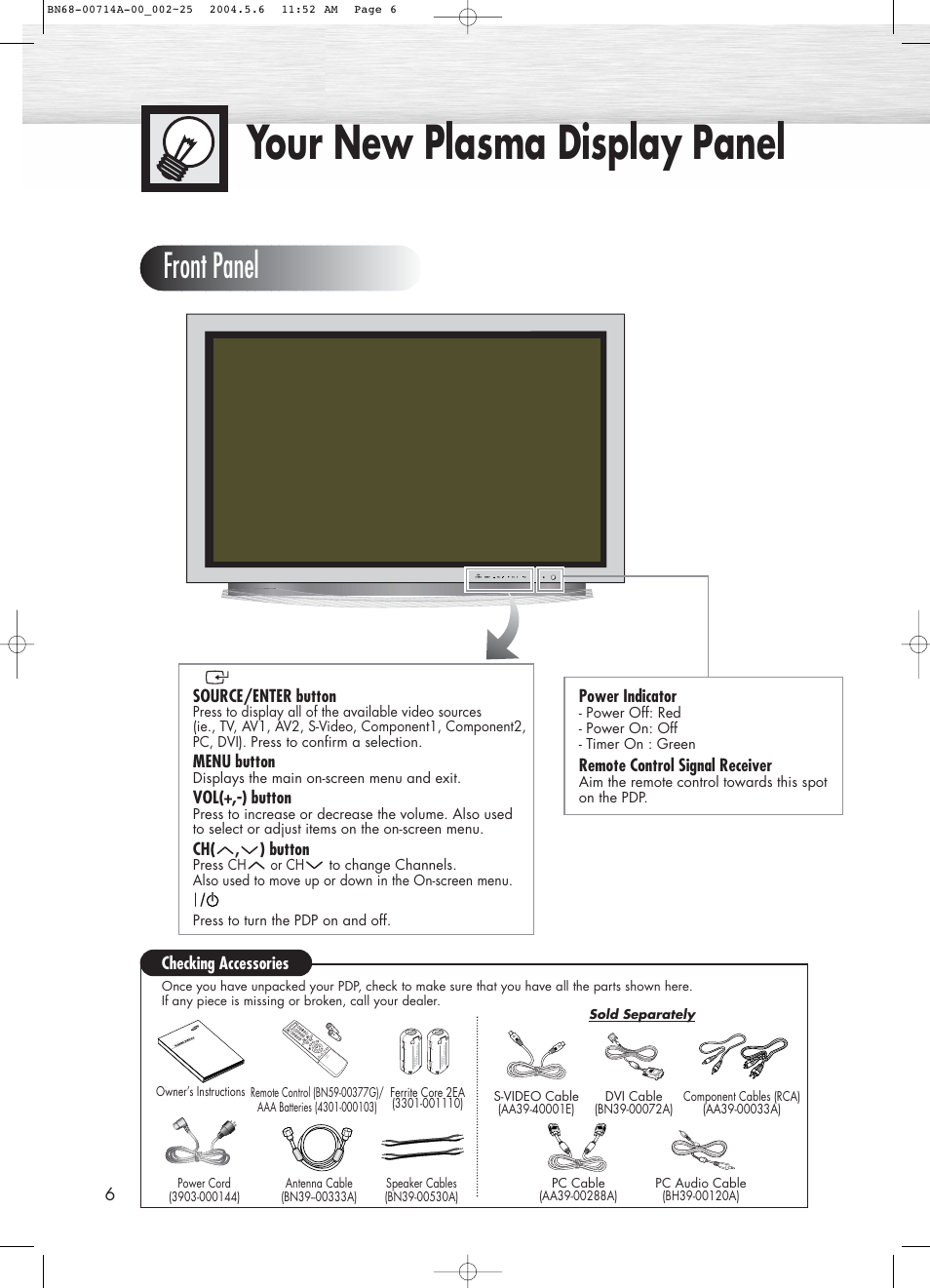 Your new plasma display panel, Front panel | Samsung HPP5031X-XAC User Manual | Page 6 / 110