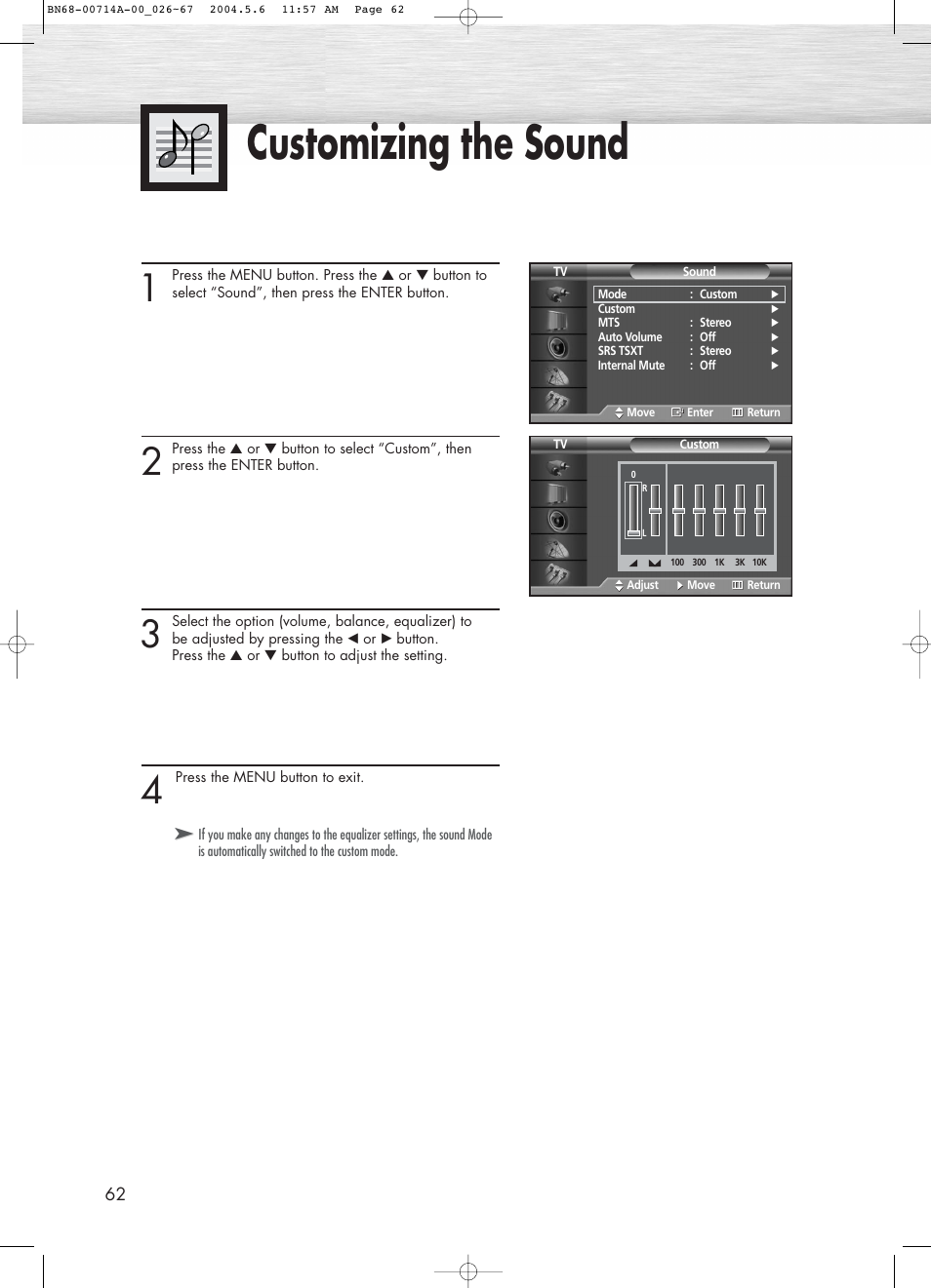 Customizing the sound | Samsung HPP5031X-XAC User Manual | Page 62 / 110