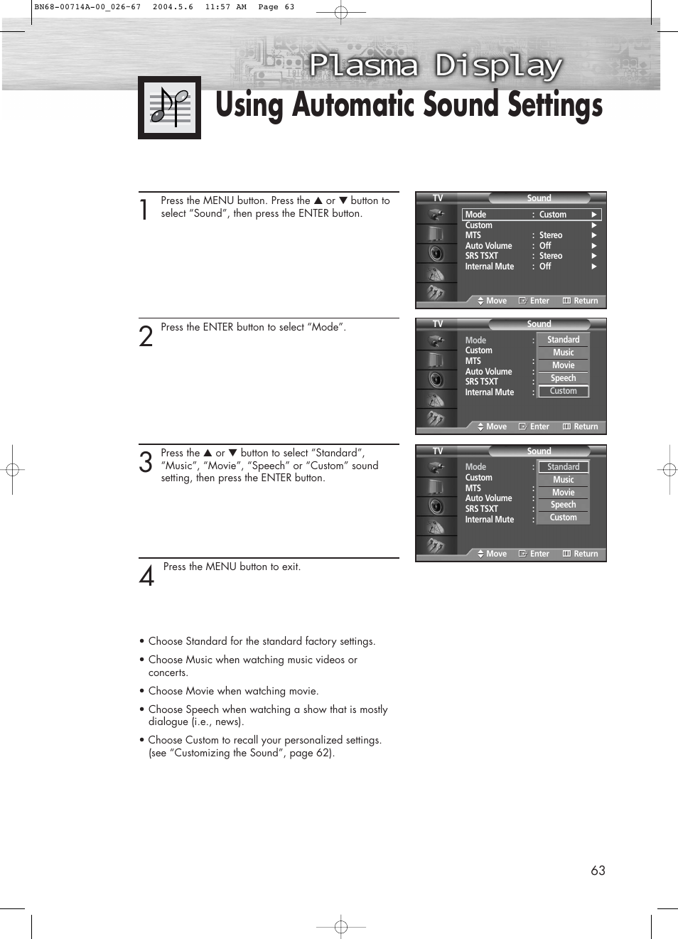 Using automatic sound settings | Samsung HPP5031X-XAC User Manual | Page 63 / 110