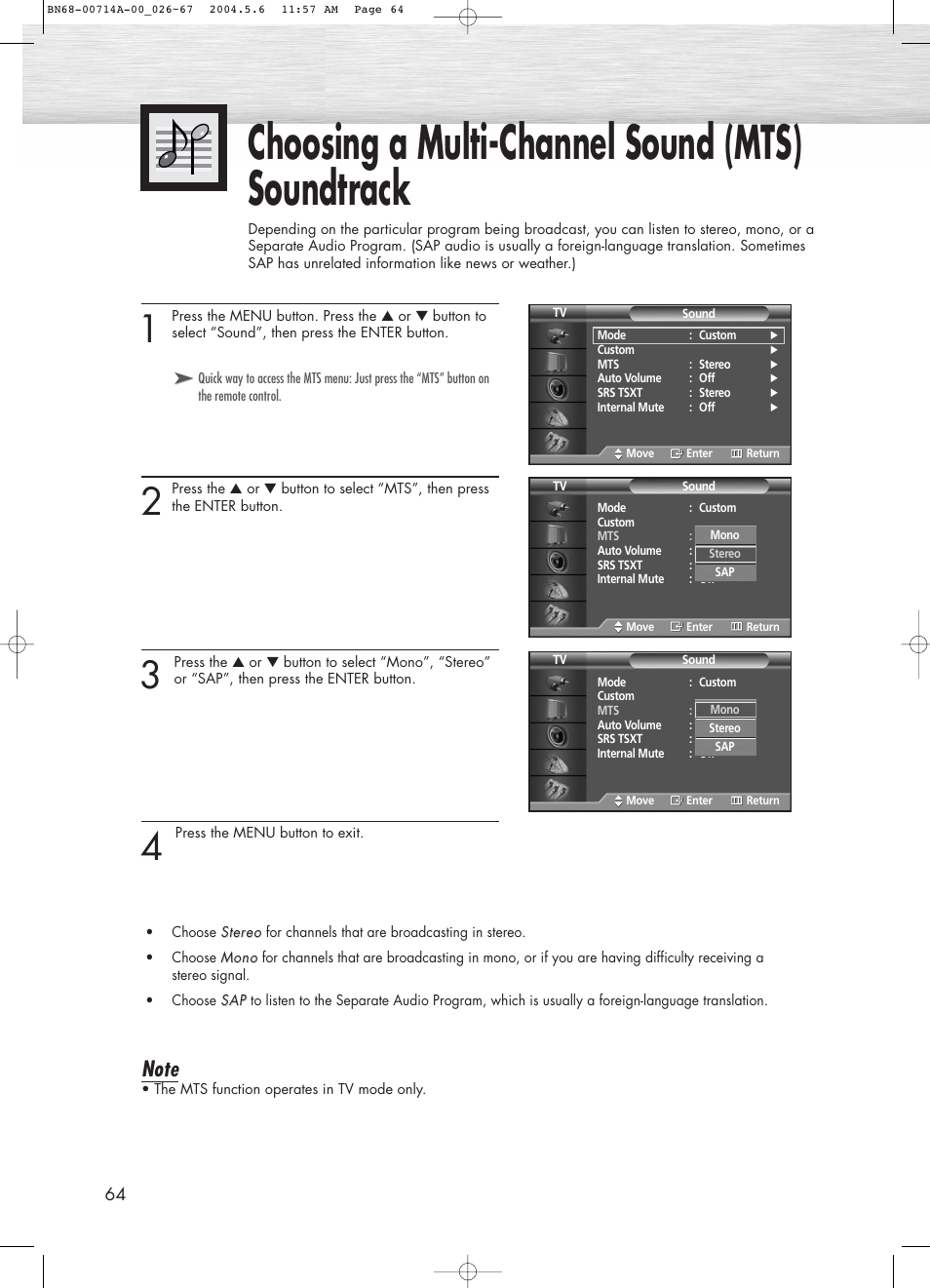 Choosing a multi-channel sound (mts)soundtrack, Choosing a multi-channel sound (mts) soundtrack | Samsung HPP5031X-XAC User Manual | Page 64 / 110