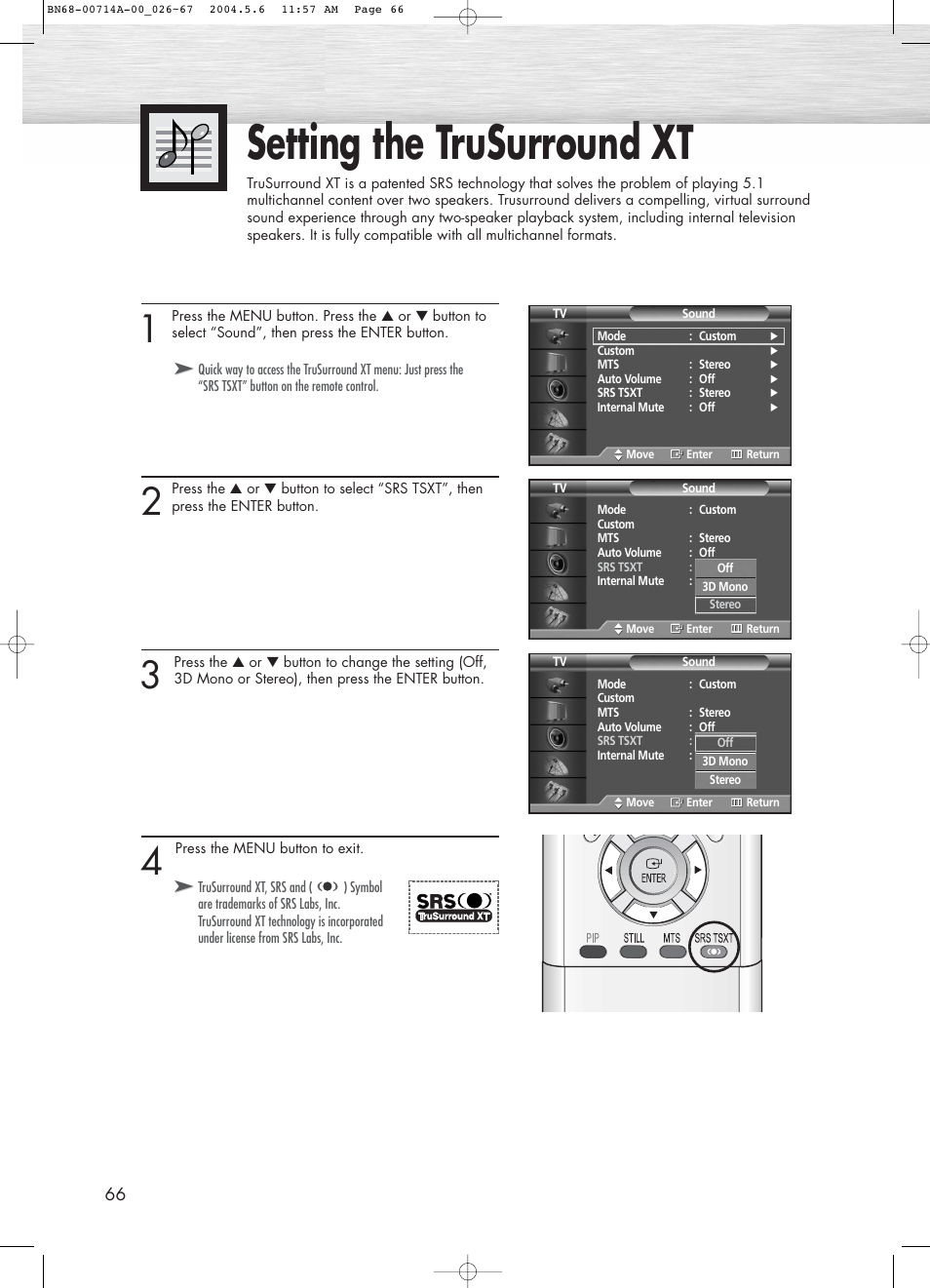 Setting the trusurround xt | Samsung HPP5031X-XAC User Manual | Page 66 / 110