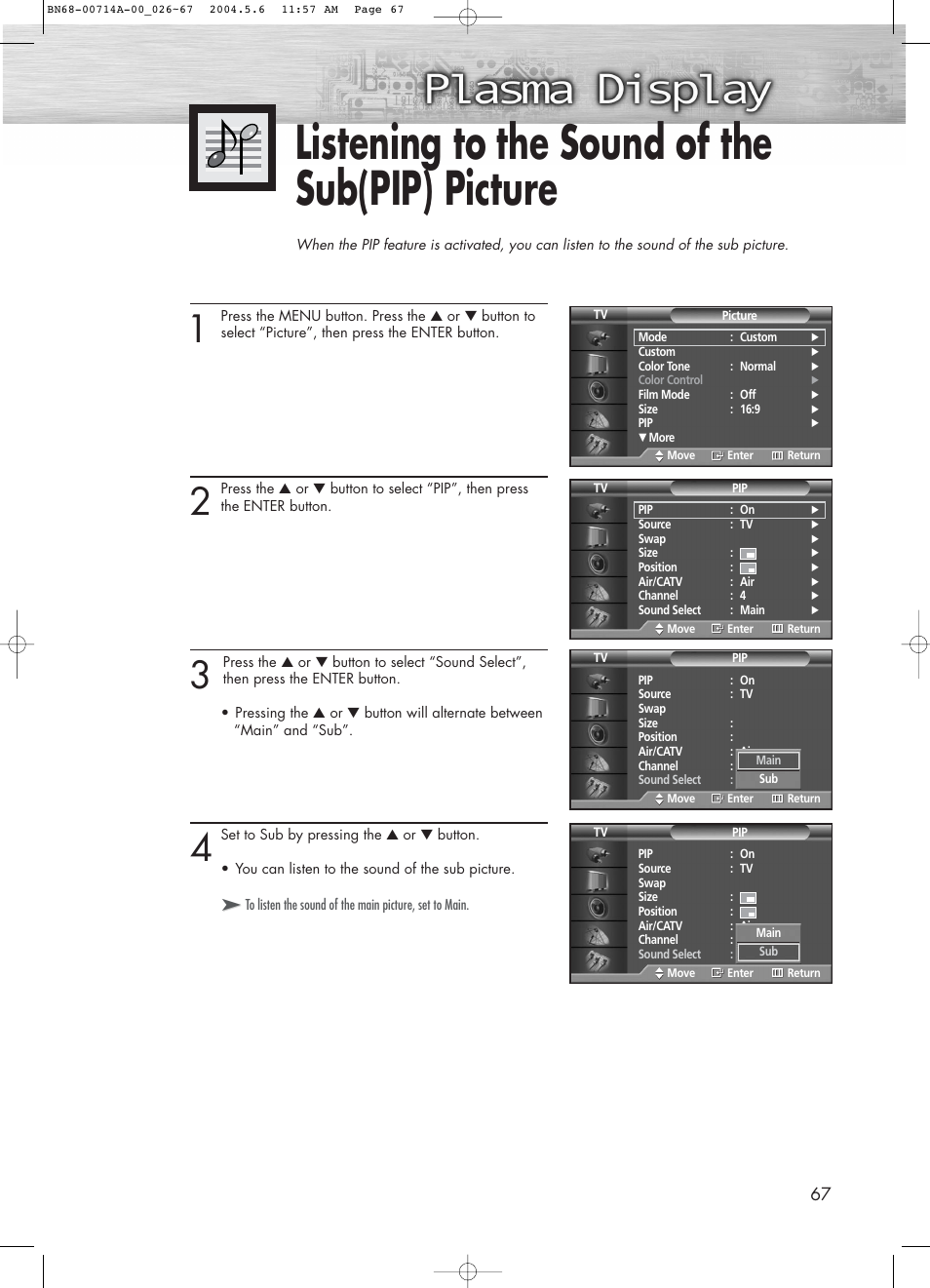 Listening to the sound of the sub(pip) picture | Samsung HPP5031X-XAC User Manual | Page 67 / 110