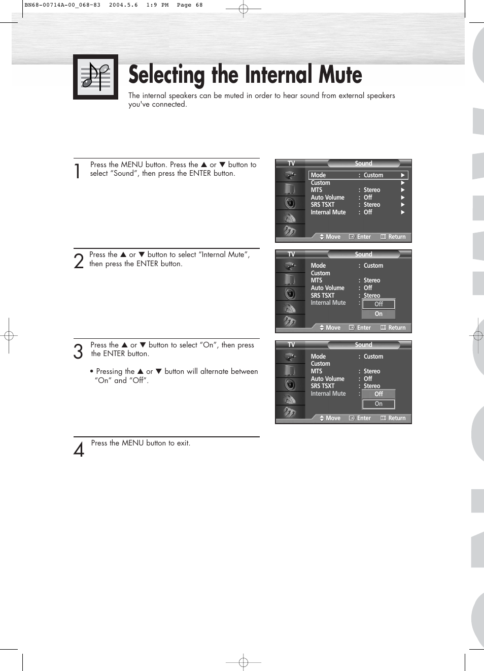 Selecting the internal mute | Samsung HPP5031X-XAC User Manual | Page 68 / 110