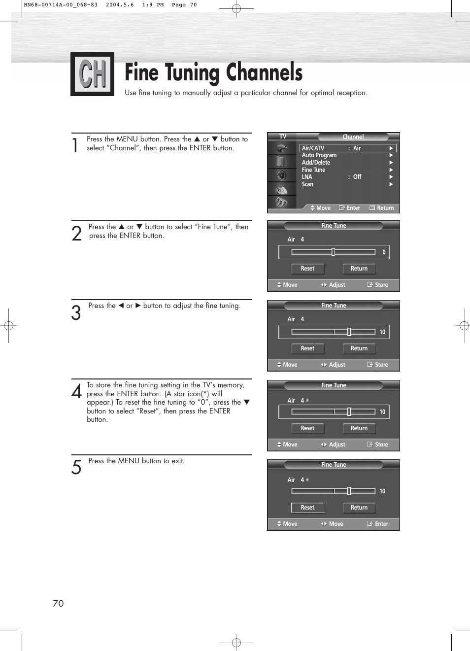 Fine tuning channels | Samsung HPP5031X-XAC User Manual | Page 70 / 110